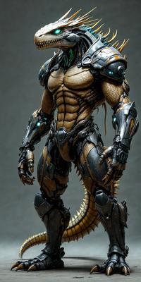 The primary subject of the image is a robotic or cyborg-like creature, which is the main focus of the scene. The robot is standing on a gray surface, which serves as the background. The visual style of the image is digital art, as it appears to be a computer-generated or digitally rendered creation. The colors and mood of the image are dark and futuristic, with the robot's design and the gray background contributing to the overall atmosphere.